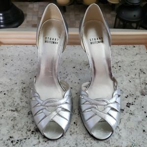 Stuart Weitzman D’Orsay Silver Leather Heels 6.5